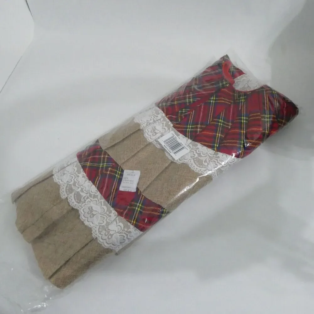 Christmas Tree Skirt Red Plaid White Lace Burlap Pleated Ruffles Cottagecore‎